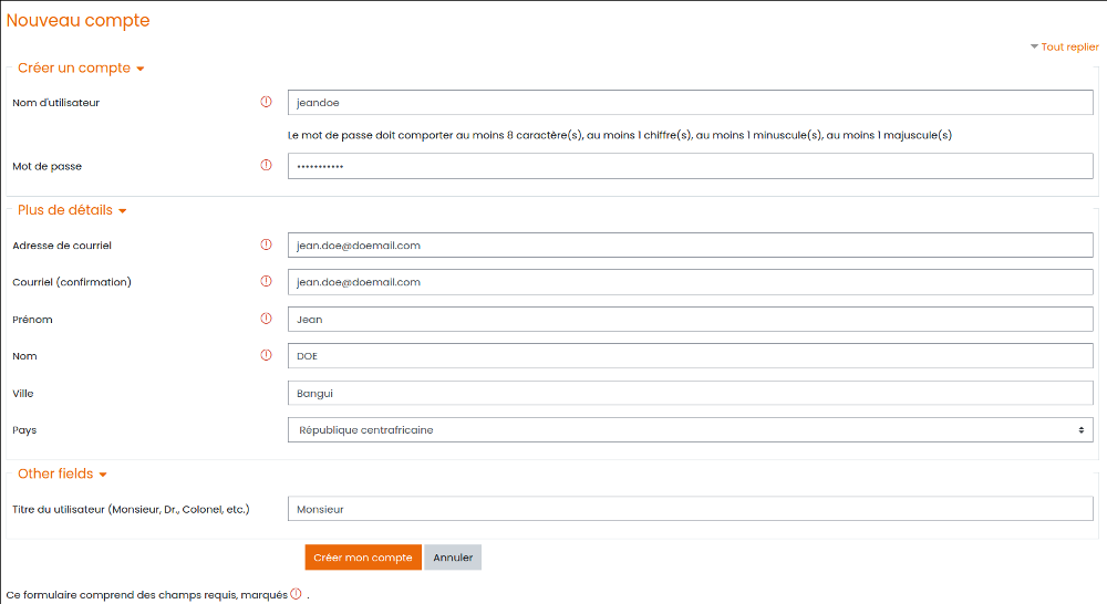 Formulaire de création de nouveau compte d'utilisateur sur le système
