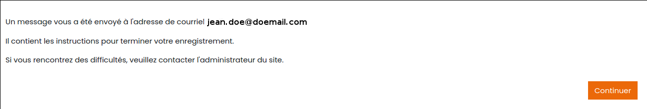 Message courriel envoyé pour confirmer enregistrement